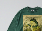 Oversized Snow Washed Long Sleeve Cotton Tee - Frog Going Fishing Print