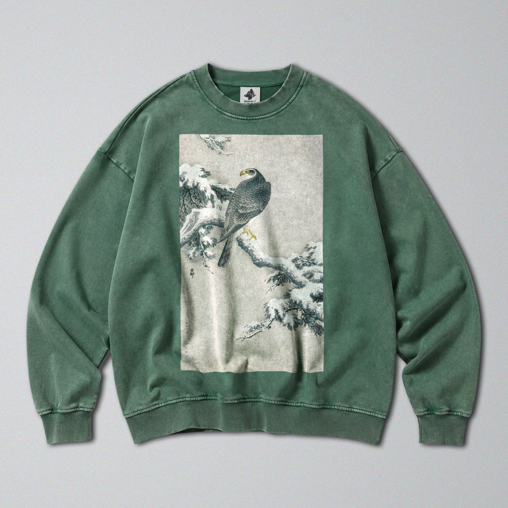 Oversized Snow Washed Cotton Sweatshirt - Hawk on Snowy Branch Print