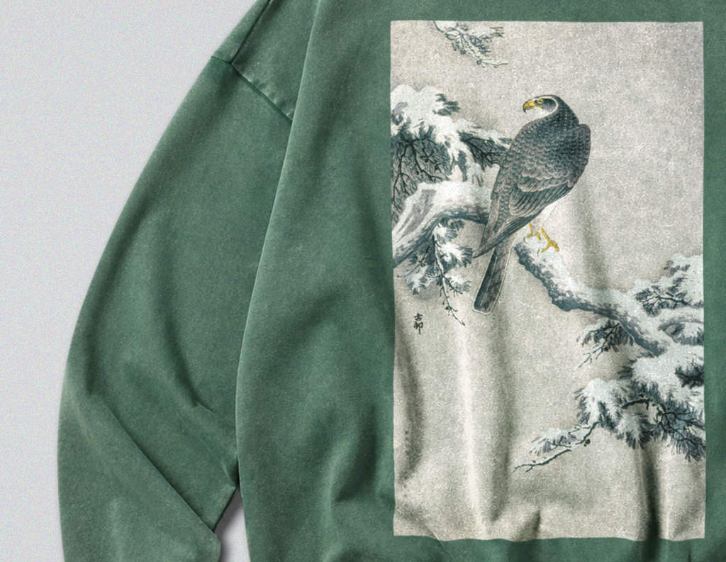 Oversized Snow Washed Cotton Sweatshirt - Hawk on Snowy Branch Print