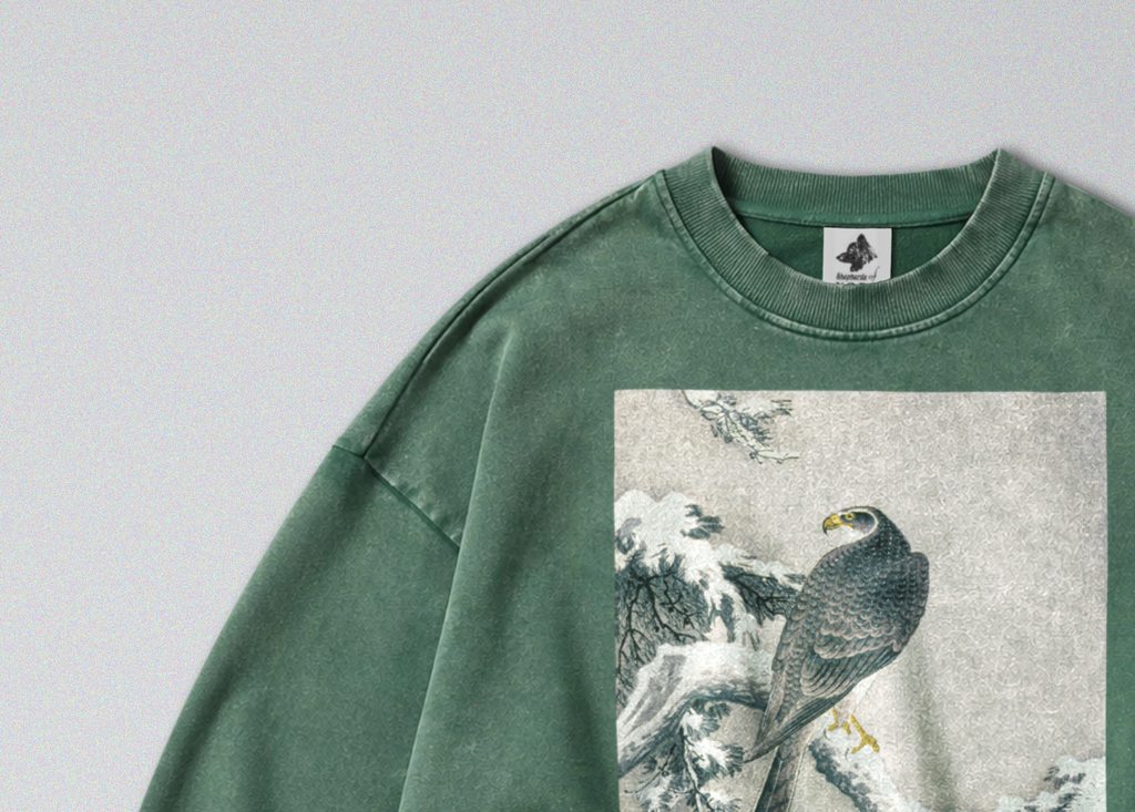 Oversized Snow Washed Cotton Sweatshirt - Hawk on Snowy Branch Print