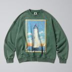 Oversized Snow Washed Cotton Sweatshirt - Lighthouse at Sea Print