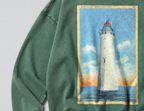 Oversized Snow Washed Cotton Sweatshirt - Lighthouse at Sea Print