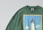 Oversized Snow Washed Cotton Sweatshirt - Lighthouse at Sea Print