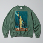 Oversized Snow Washed Cotton Sweatshirt - Statue of Liberty Print