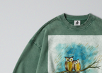 Oversized Snow Washed Cotton Sweatshirt - Owls in the Rain Print