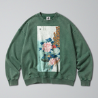 Oversized Snow Washed Cotton Sweatshirt - Japanese Peacock & Flowers Print