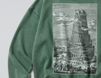 Oversized Snow Washed Cotton Sweatshirt - Tower of Babel Print