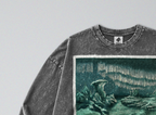 Oversized Snow Washed Long Sleeve Cotton Tee - Winter Northern Lights Print