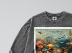 Oversized Snow Washed Long Sleeve Cotton Tee - Nautical Coral Reef Print
