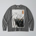 Oversized Snow Washed Long Sleeve Cotton Tee - Japanese Dragon & Mountain Print