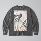 Oversized Snow Washed Long Sleeve Cotton Tee - Hawk on Snowy Branch Print