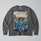 Oversized Snow Washed Long Sleeve Cotton Tee - Japanese Crashing Ocean Print