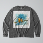 Oversized Snow Washed Long Sleeve Cotton Tee - Owls in the Rain Print