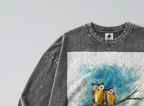 Oversized Snow Washed Long Sleeve Cotton Tee - Owls in the Rain Print