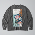 Oversized Snow Washed Long Sleeve Cotton Tee - Japanese Peacock & Flowers Print