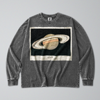 Oversized Snow Washed Long Sleeve Cotton Tee - Saturn in Outer Space Print
