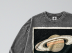 Oversized Snow Washed Long Sleeve Cotton Tee - Saturn in Outer Space Print