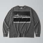 Oversized Snow Washed Long Sleeve Cotton Tee - Skeleton in Tomb Print