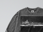 Oversized Snow Washed Long Sleeve Cotton Tee - Skeleton in Tomb Print