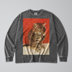 Oversized Snow Washed Long Sleeve Cotton Tee - Cute Sleepy Kitten Print