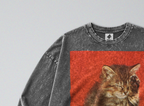Oversized Snow Washed Long Sleeve Cotton Tee - Cute Sleepy Kitten Print
