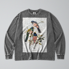 Oversized Snow Washed Long Sleeve Cotton Tee - Vibrant Perching Birds Print