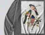 Oversized Snow Washed Long Sleeve Cotton Tee - Vibrant Perching Birds Print