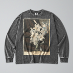 Oversized Snow Washed Long Sleeve Cotton Tee - White Lily Flowers Print