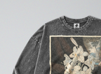 Oversized Snow Washed Long Sleeve Cotton Tee - White Lily Flowers Print