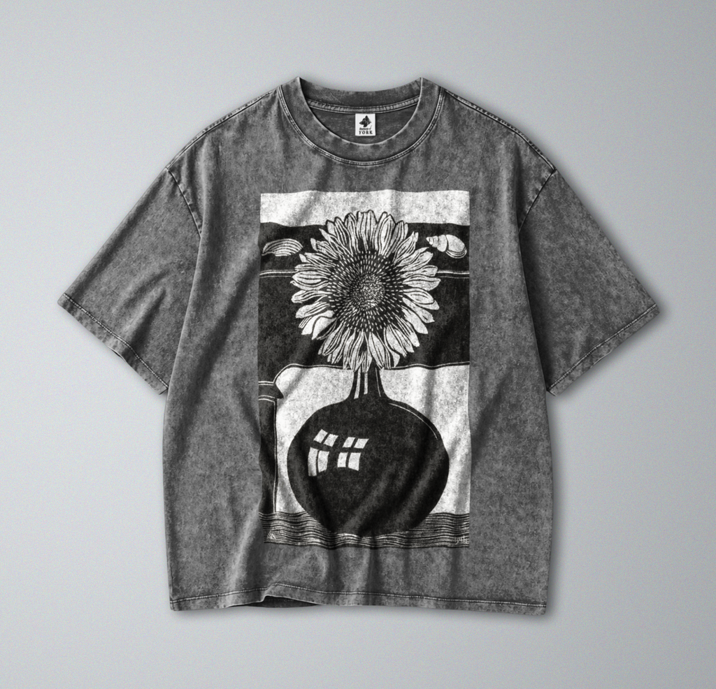 Oversized Snow Washed Cotton Tee - Black & White Sunflower Print