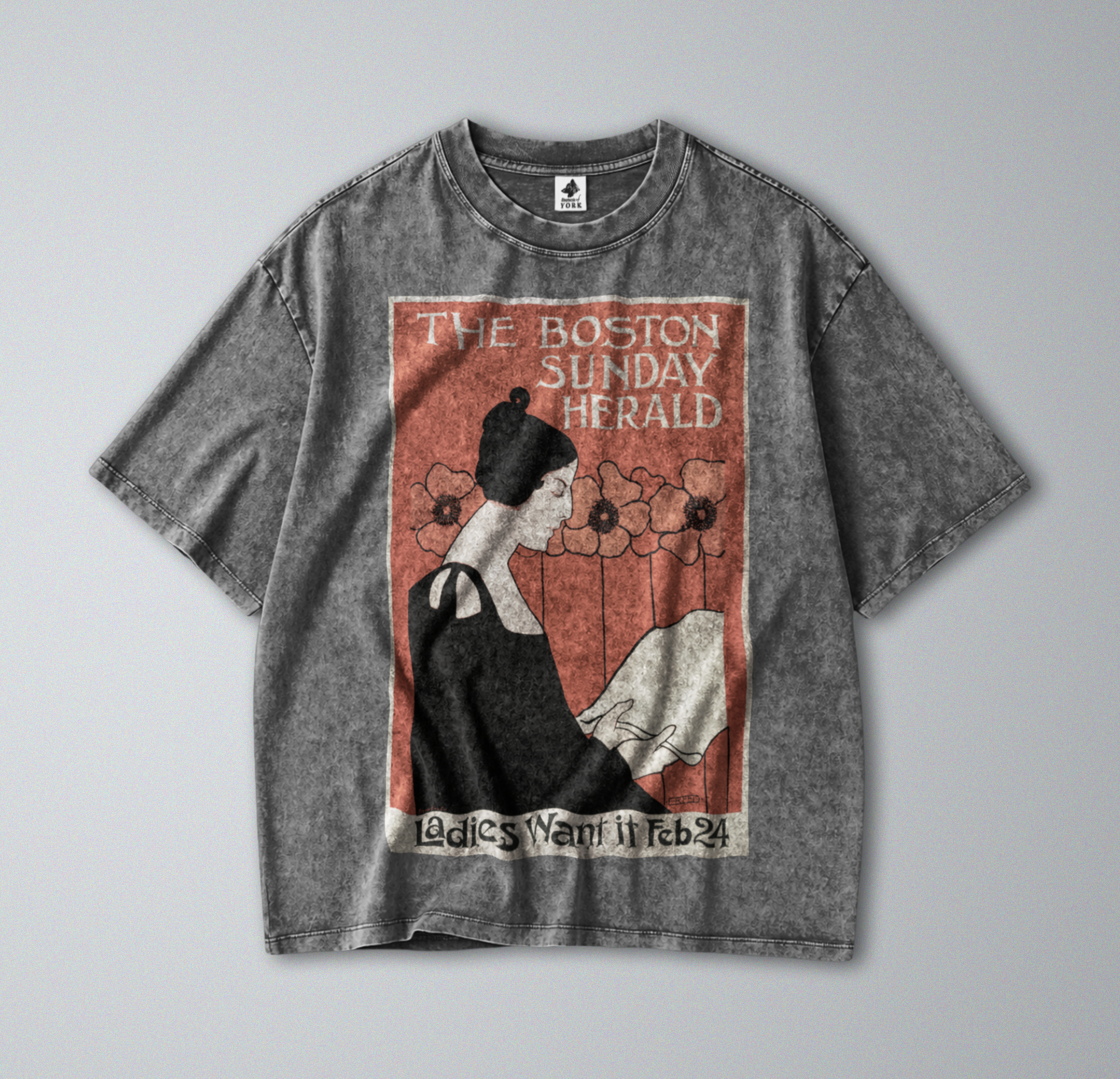 Oversized Snow Washed Cotton Tee - Boston Sunday Herald Print