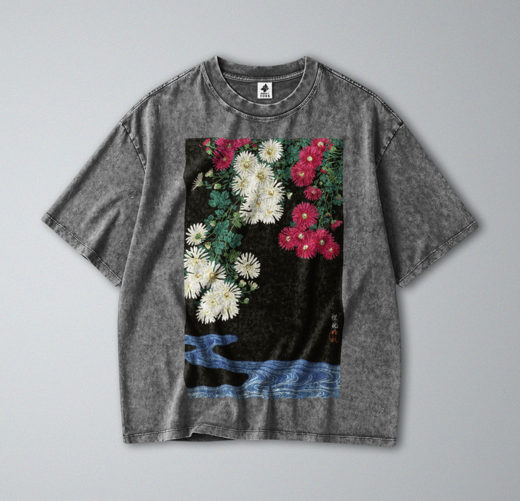 Oversized Snow Washed Cotton Tee - Japanese Chrysanthemums Print