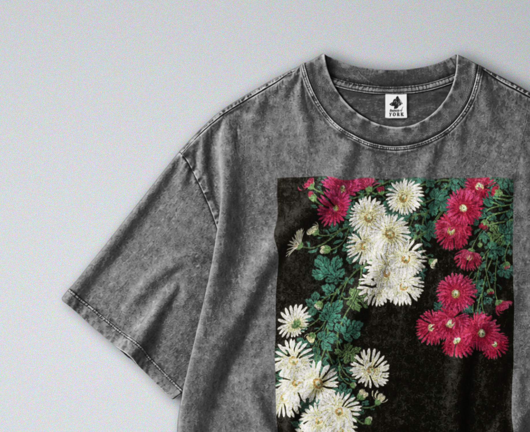 Oversized Snow Washed Cotton Tee - Japanese Chrysanthemums Print