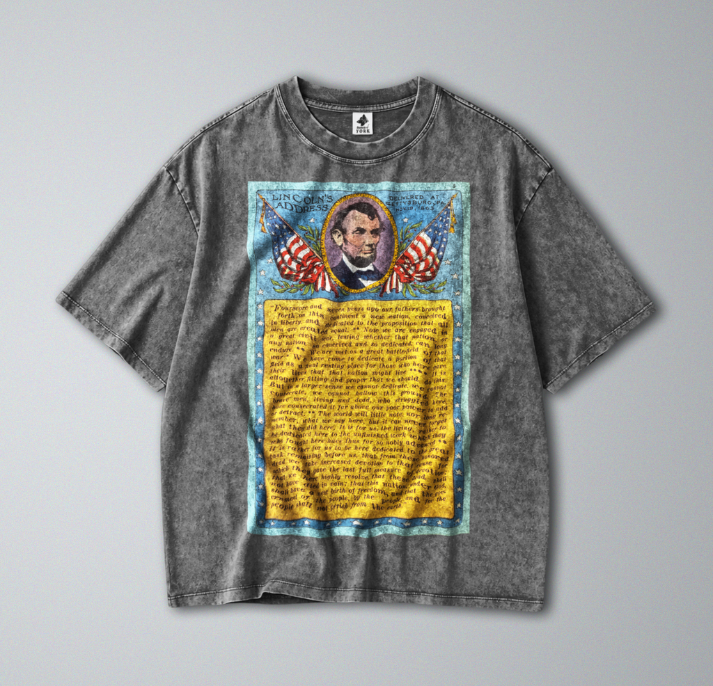 Oversized Snow Washed Cotton Tee - Lincoln's Gettysburg Address Print