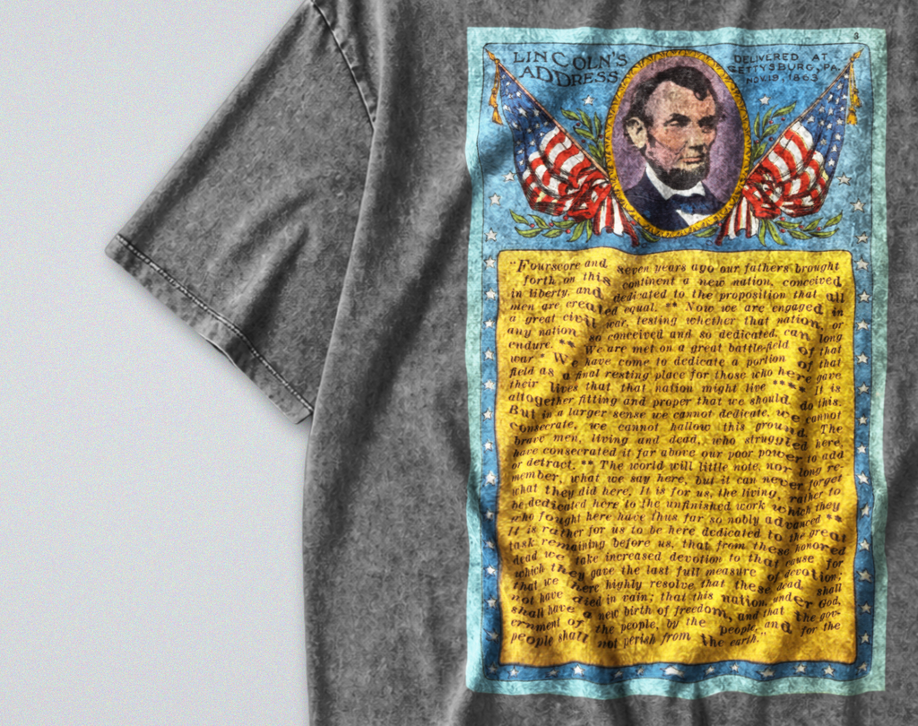 Oversized Snow Washed Cotton Tee - Lincoln's Gettysburg Address Print