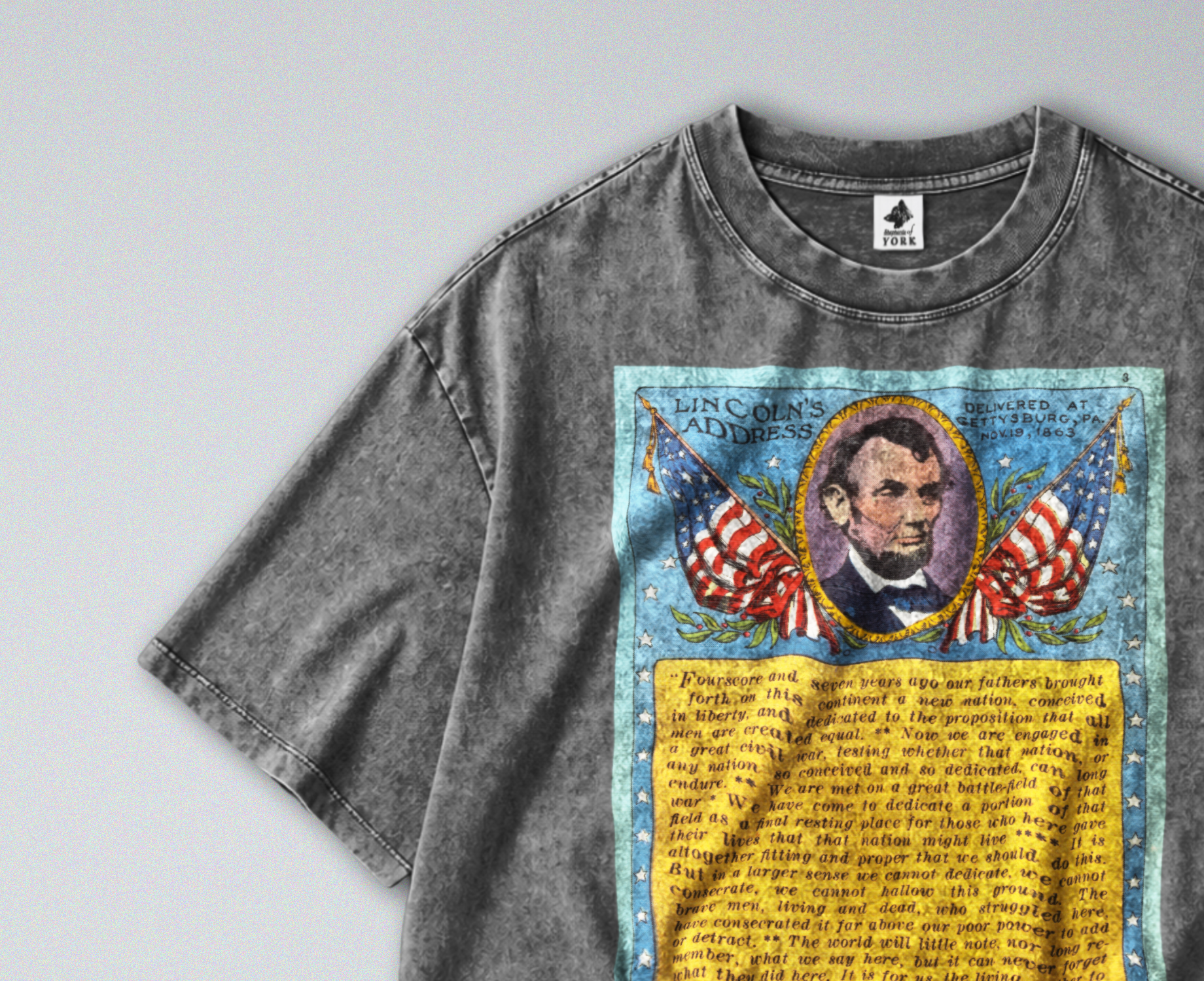 Oversized Snow Washed Cotton Tee - Lincoln's Gettysburg Address Print