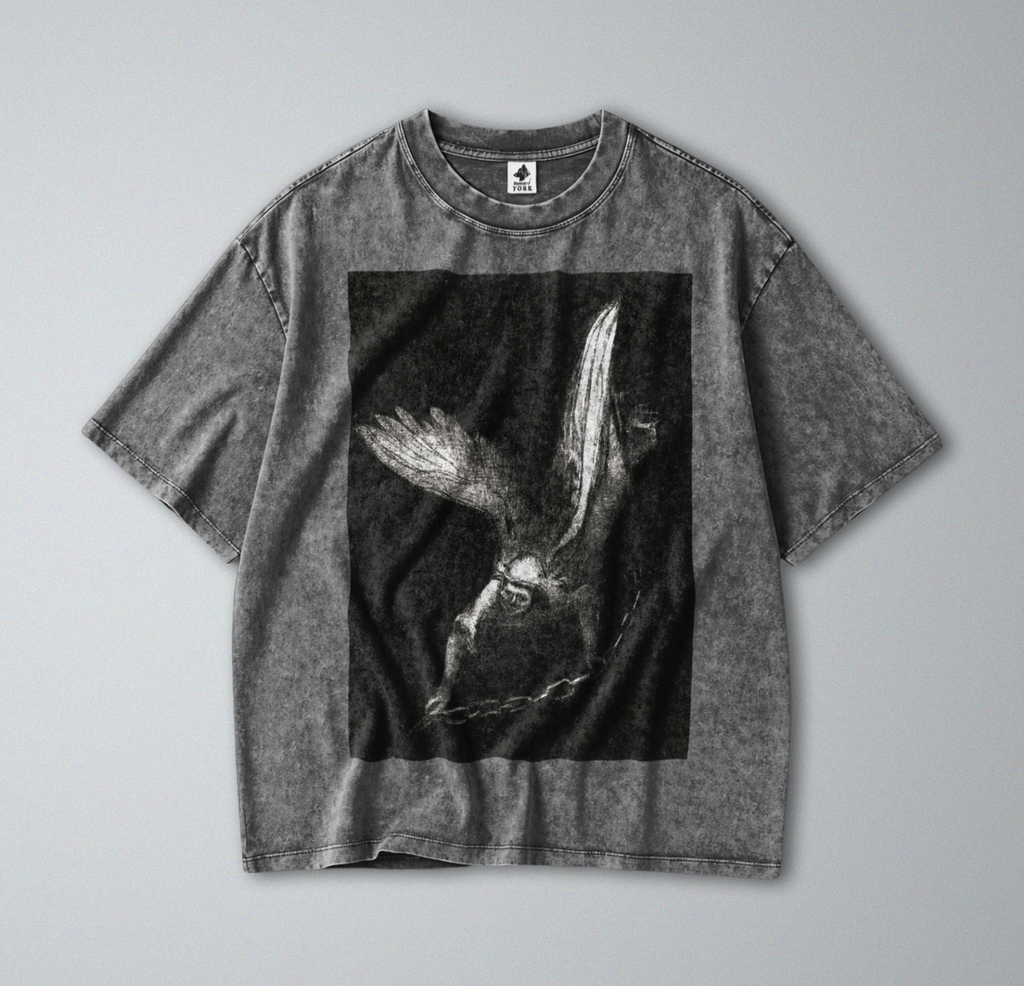 Oversized Snow Washed Cotton Tee - Odilon Redon's 'Angel of Death' Print