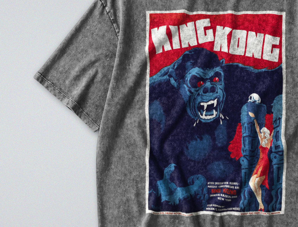Oversized Snow Washed Cotton Tee - Danish King Kong Movie Poster Print
