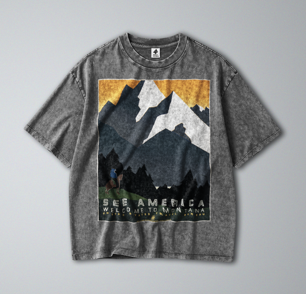 Oversized Snow Washed Cotton Tee - State of Montana Print