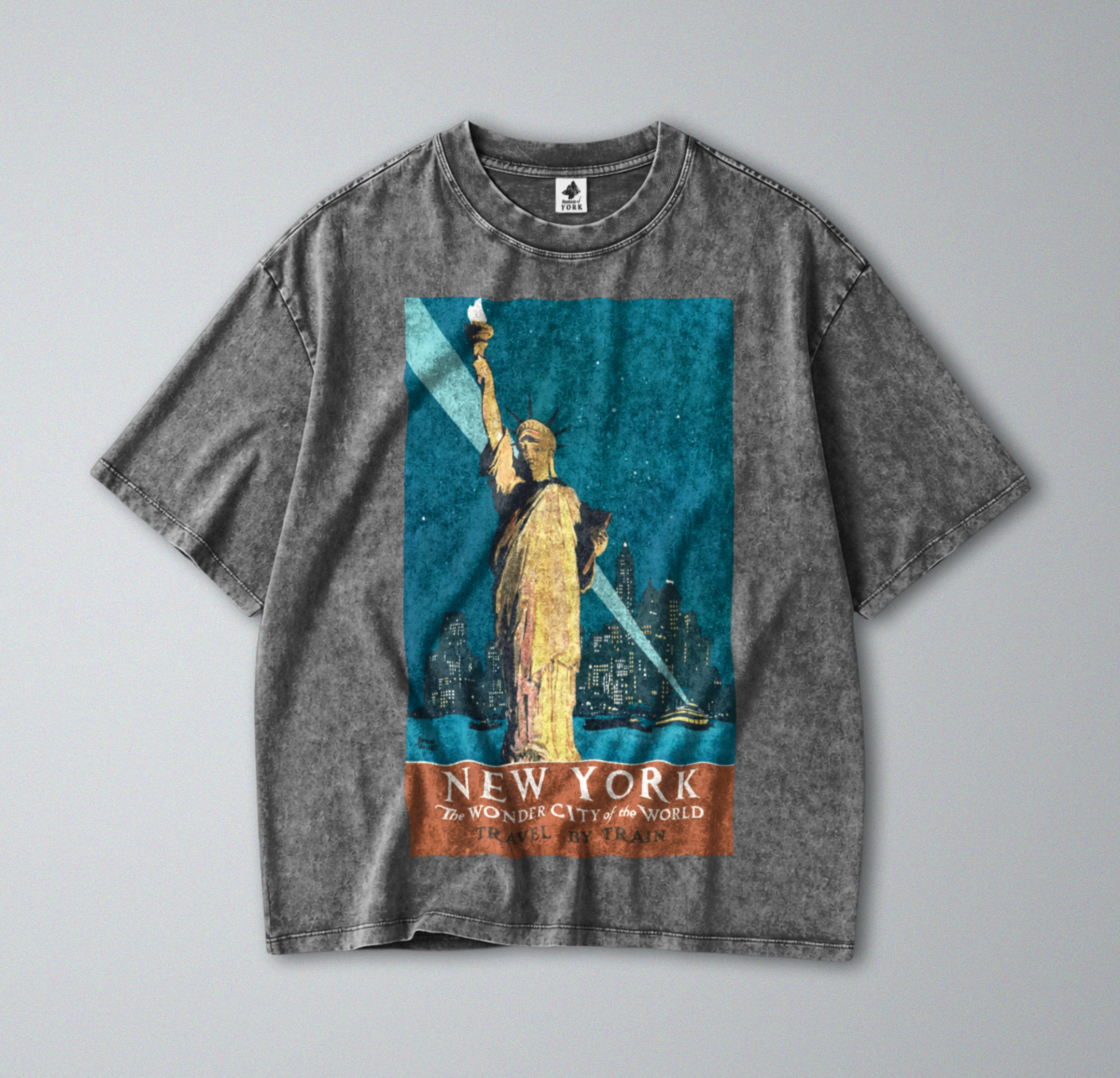Oversized Snow Washed Cotton Tee - New York City Skyline at Night Print