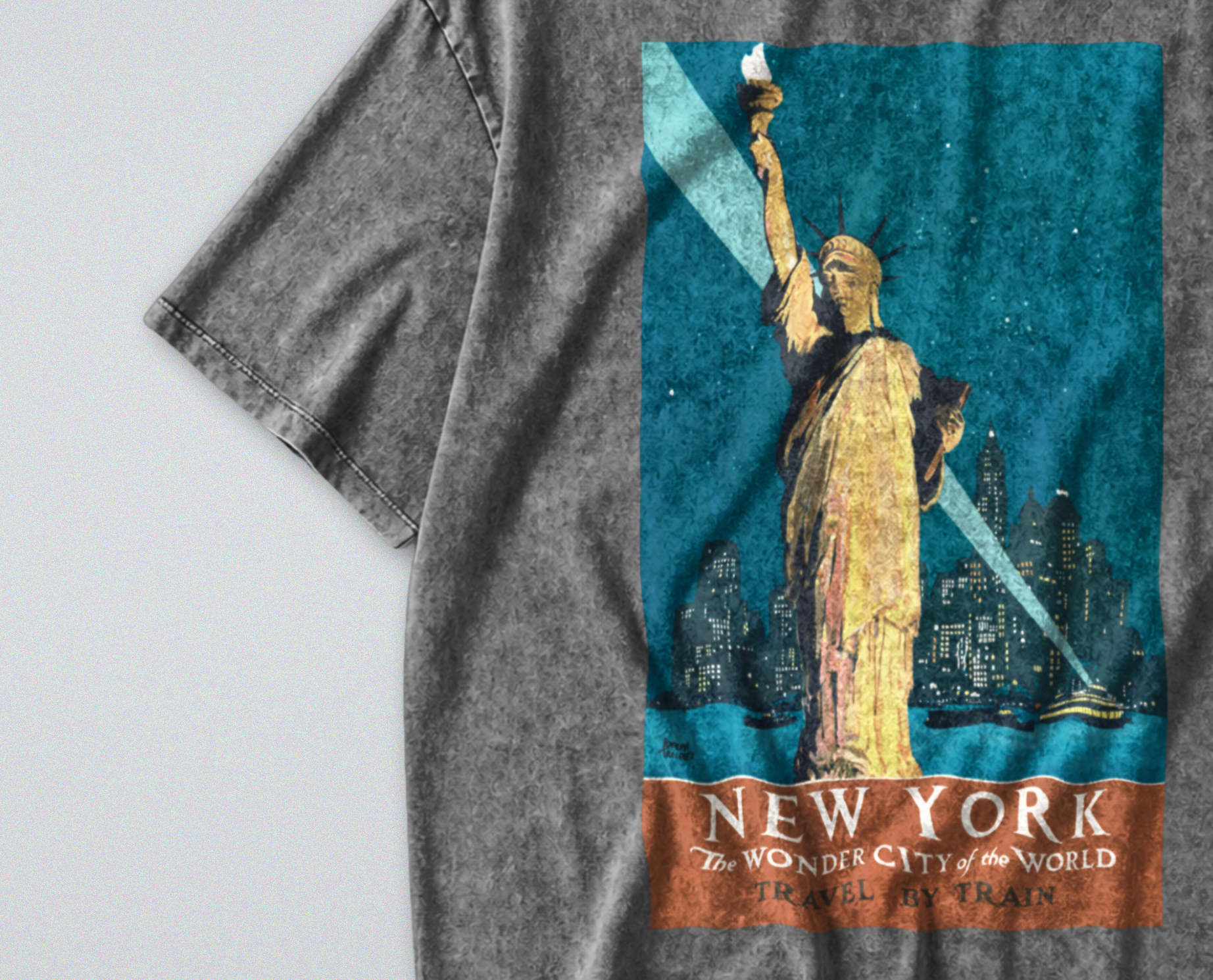 Oversized Snow Washed Cotton Tee - New York City Skyline at Night Print