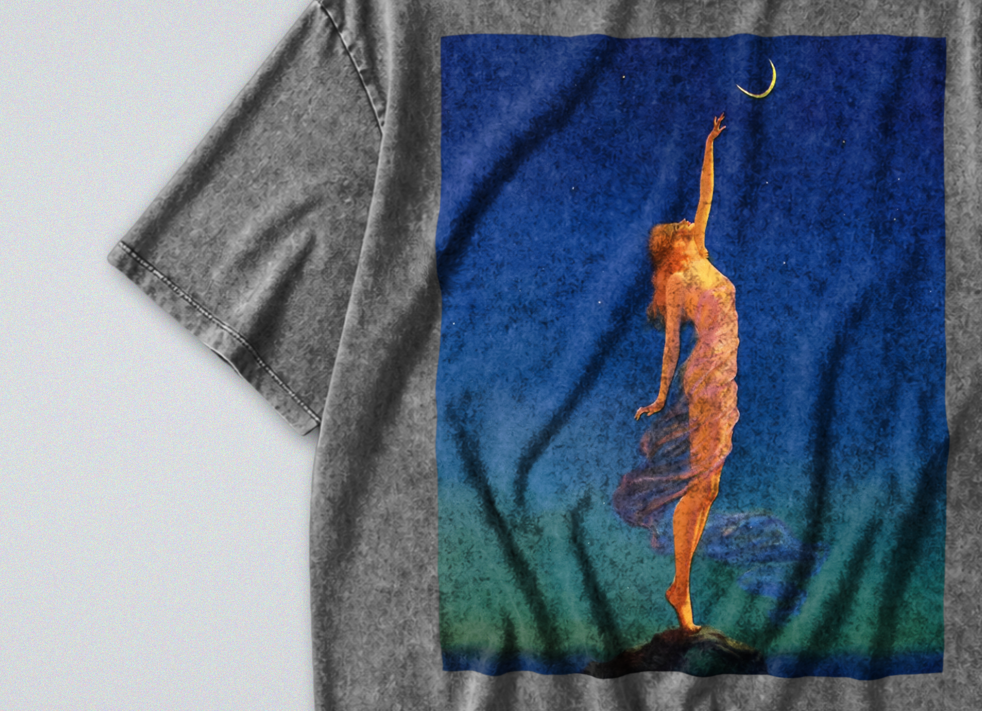 Oversized Snow Washed Cotton Tee - Reach for the Moon Print
