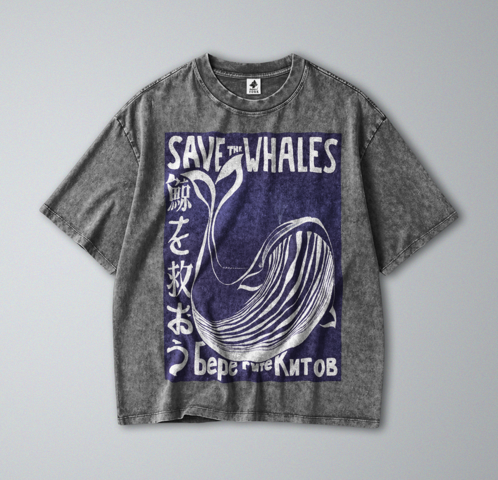 Oversized Snow Washed Cotton Tee - Save the Whales, Marine Conservation Print