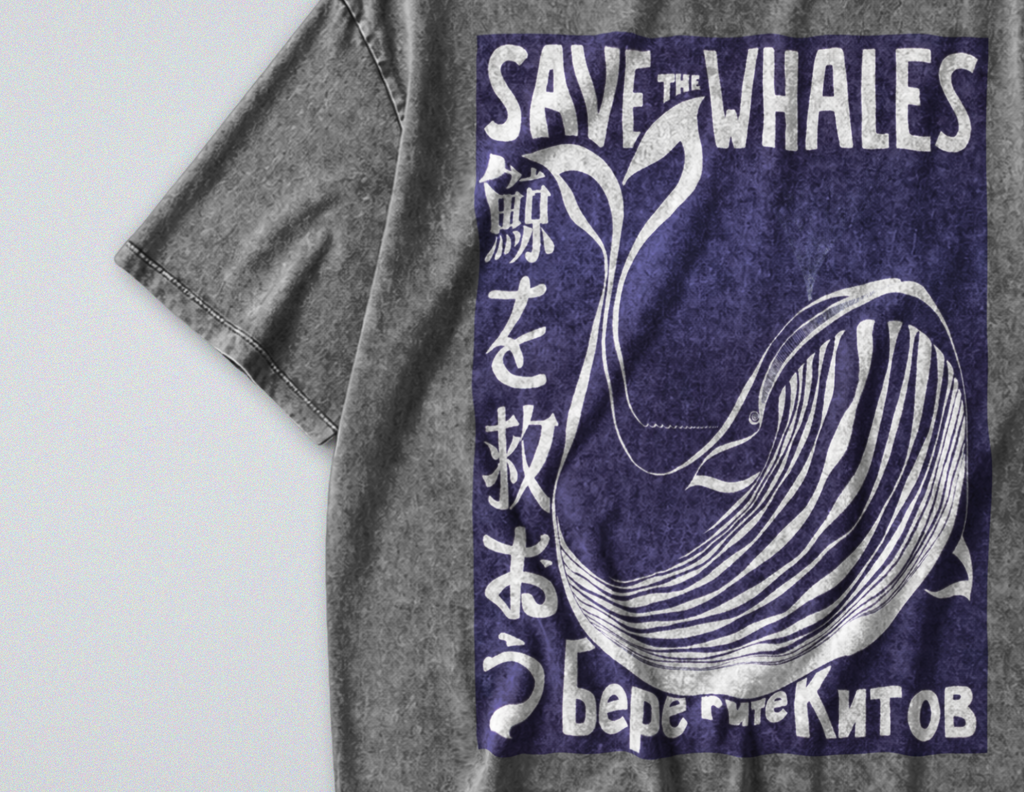 Oversized Snow Washed Cotton Tee - Save the Whales, Marine Conservation Print