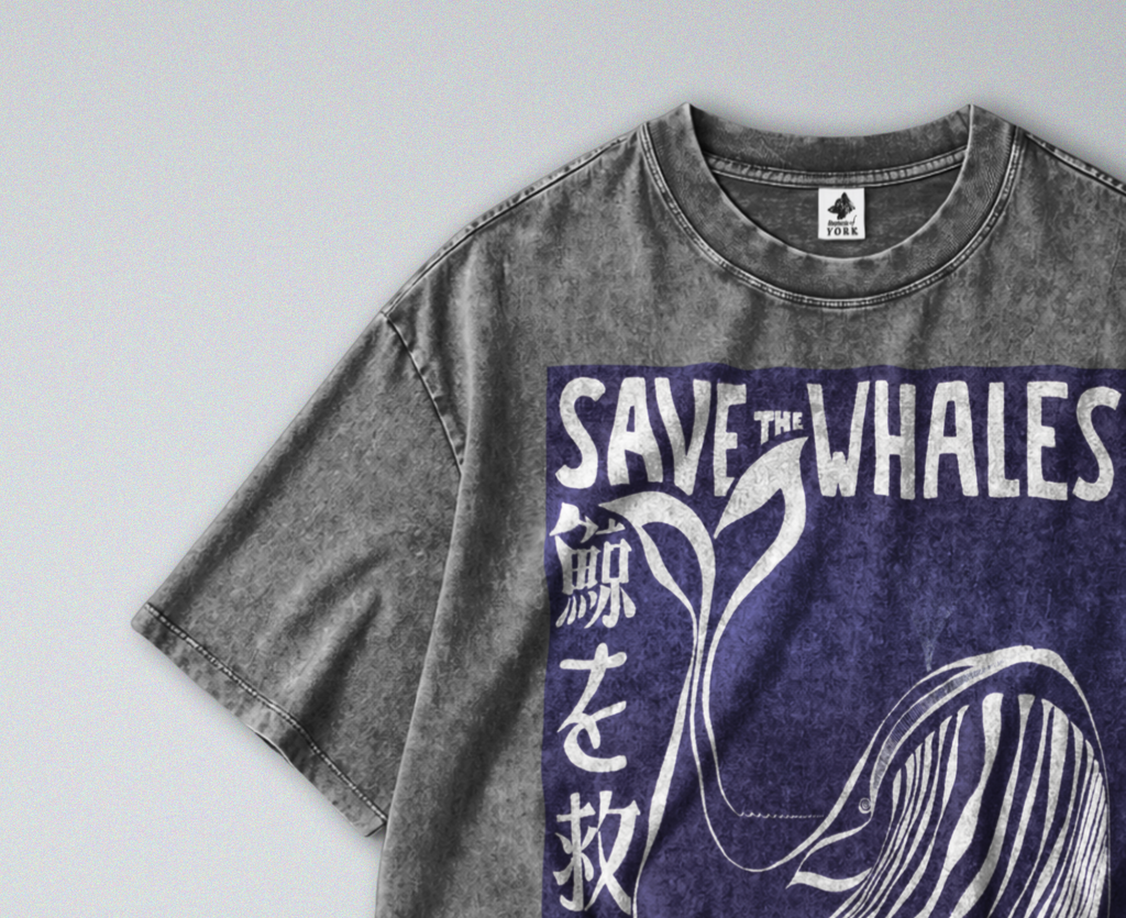 Oversized Snow Washed Cotton Tee - Save the Whales, Marine Conservation Print