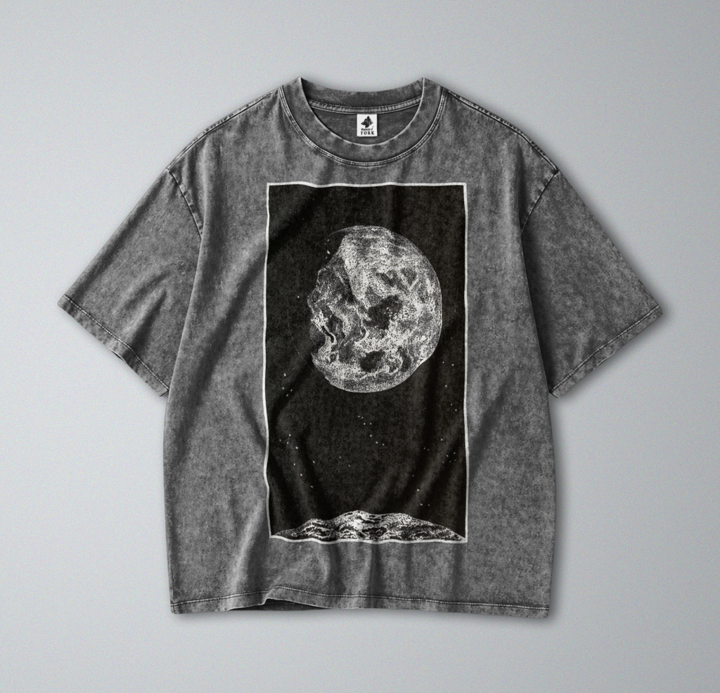 Oversized Snow Washed Cotton Tee - Outer Space Sun and Moon Print