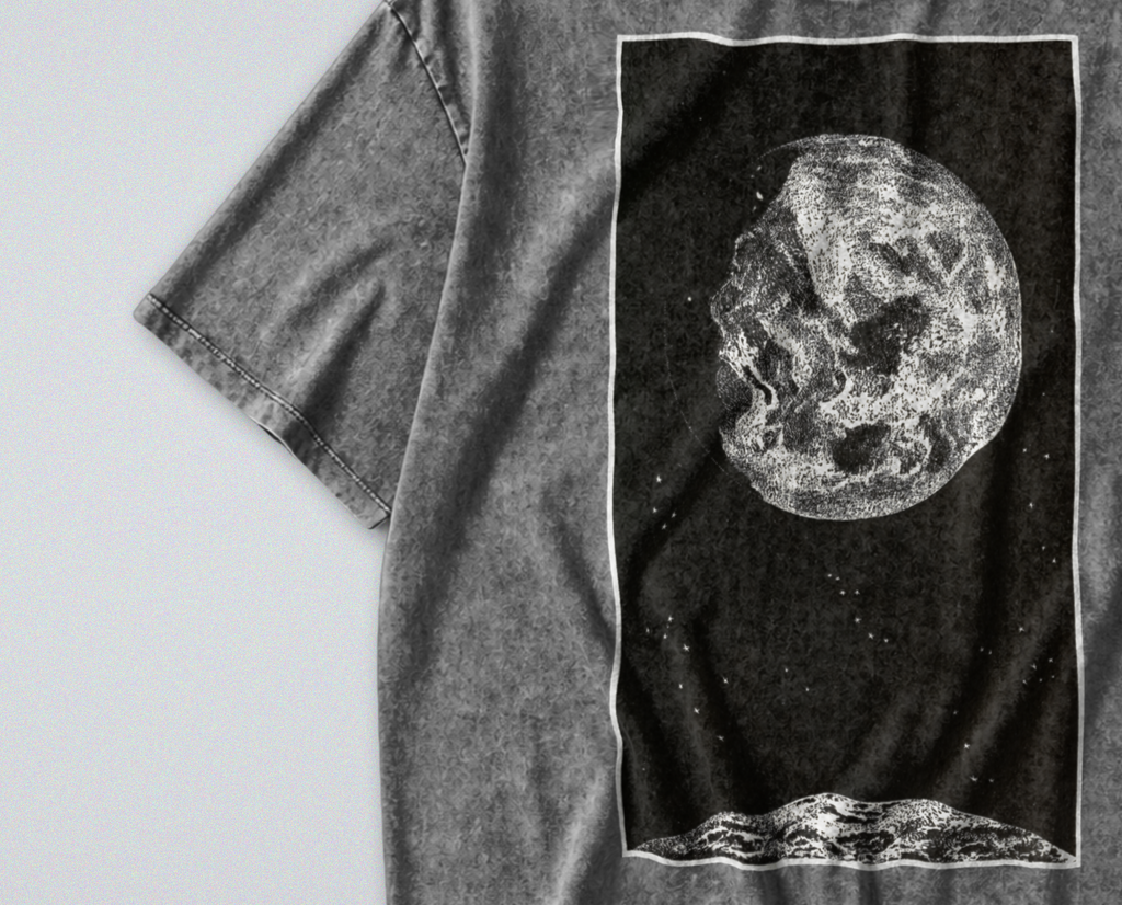 Oversized Snow Washed Cotton Tee - Outer Space Sun and Moon Print
