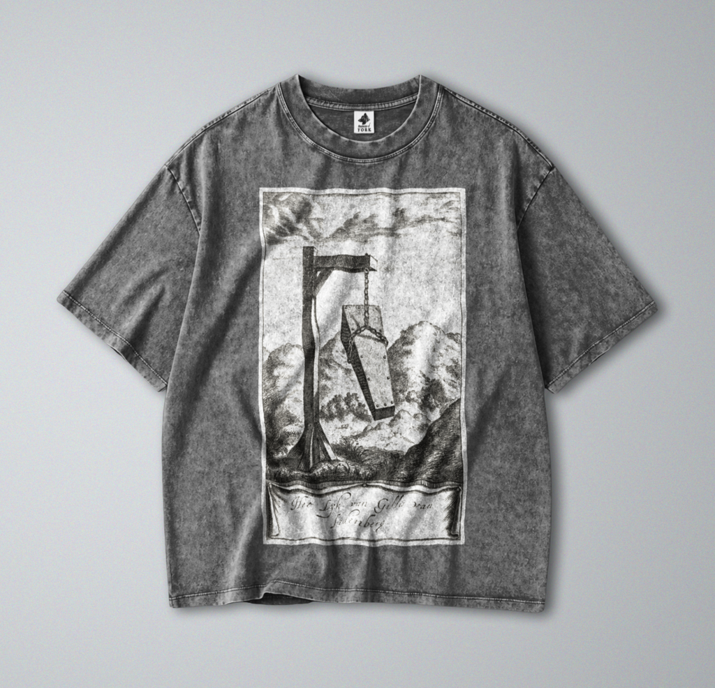 Oversized Snow Washed Cotton Tee - Morbid Public Execution Print