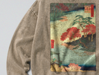 Oversized Snow Washed Cotton Sweatshirt - Japanese Flowing River Print