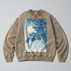Oversized Snow Washed Cotton Sweatshirt - Japanese Tree & Full Moon Print